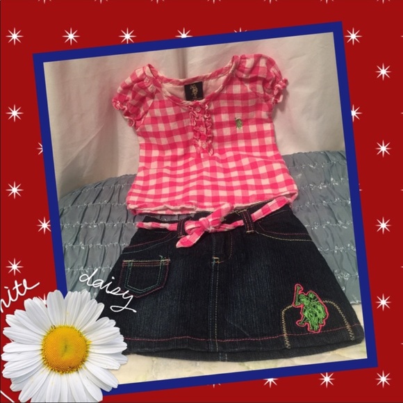 US Polo Girls Denim Onesie Skirt  and plaid top - Picture 1 of 8